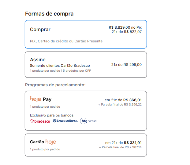 Tela de formas de compra no site da iPlace, com a opção Hoje Pay entre os programas de parcelamento