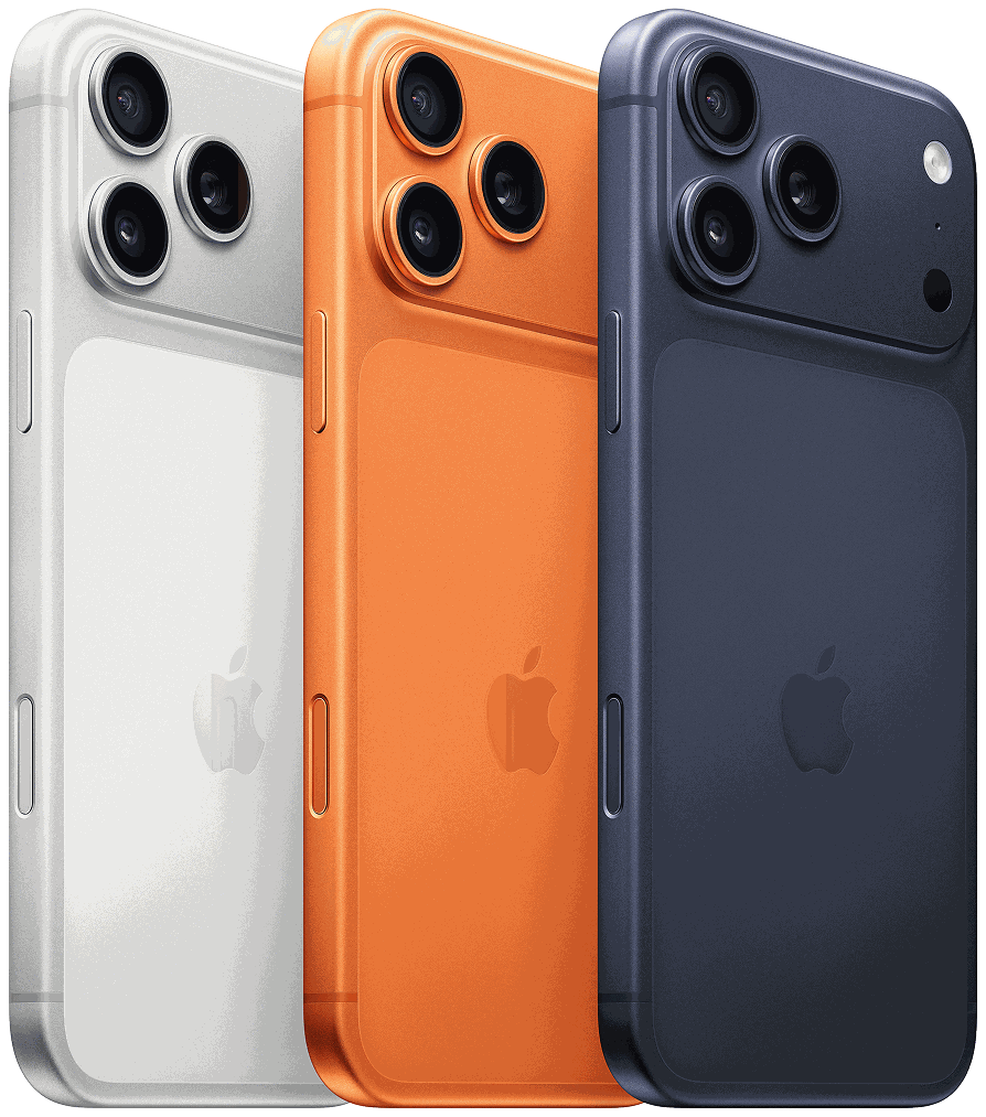 Três modelos de iPhone 17 nas cores prata, laranja e azul